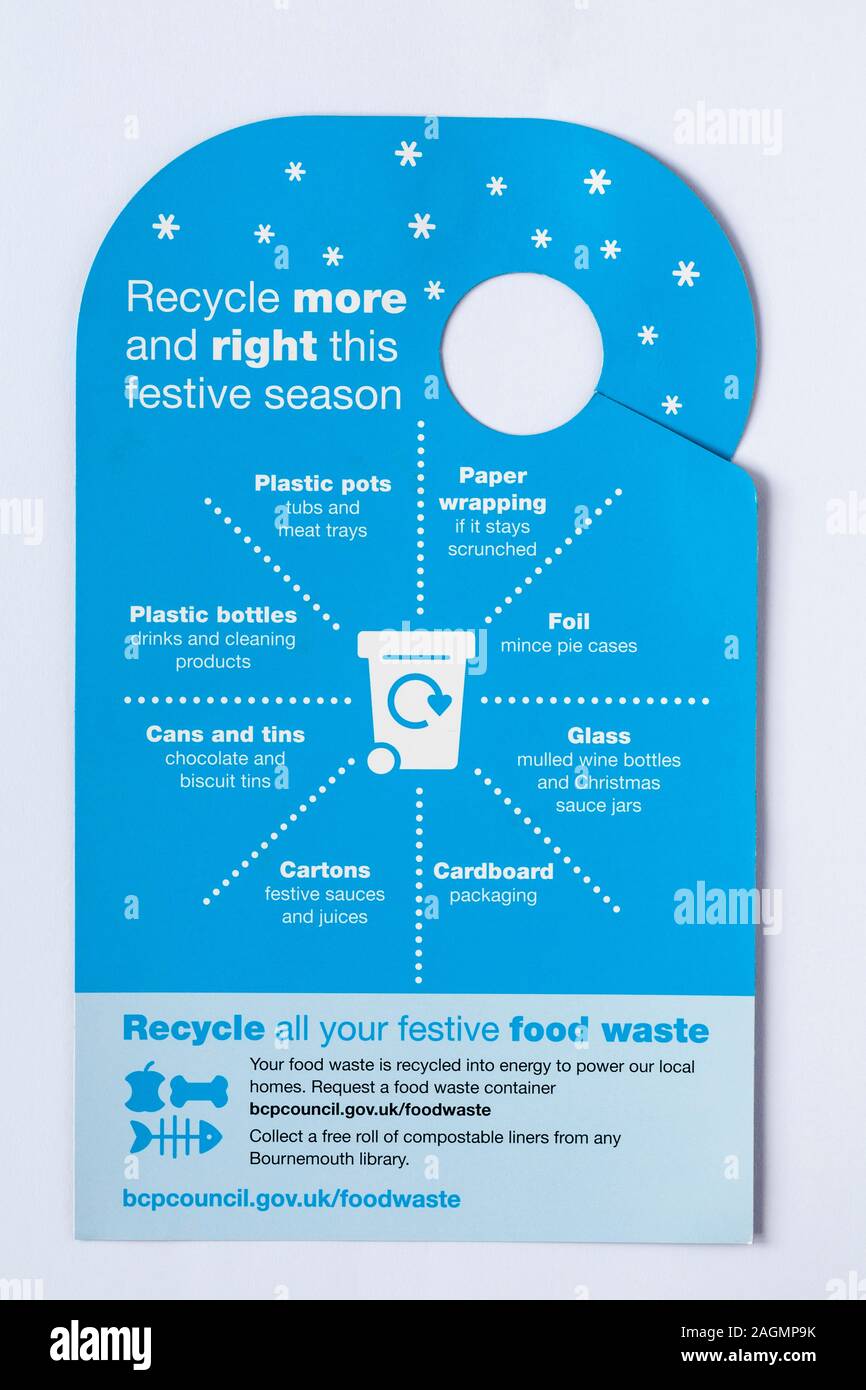 Recyceln dieses festlichen Jahreszeit mehr und Rechts-recycling Informationen für Weihnachten von BCP-Rat (Bournemouth Christchurch Poole Rat) auf Weiß Stockfoto