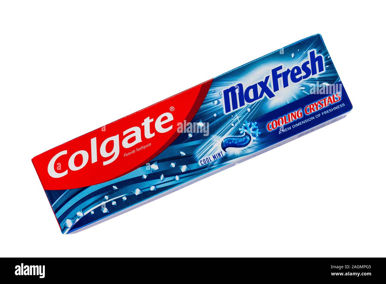 Box von Colgate MaxFresh, Colgate Max Frisch, Kühlung Kristalle eine neue Dimension der frische Zahnpasta auf weißem Hintergrund Stockfoto