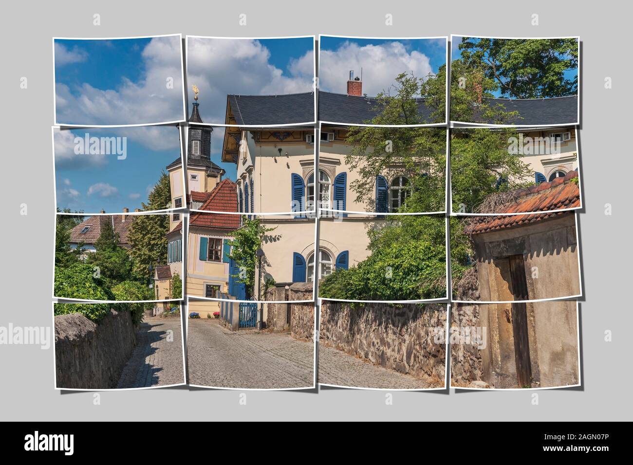 16 Bilder, um ein großes Bild. Meinholdsches Turmhaus, Weingut in 1720, Radebeul bei Dresden, Sachsen, Deutschland, Europa Stockfoto