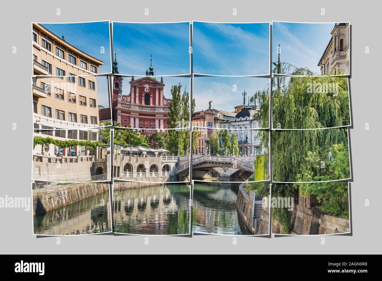 Blick über den Fluss Ljubljanica zur Promenade und die Franziskanerkirche, Ljubljana, Slowenien, Europa Stockfoto