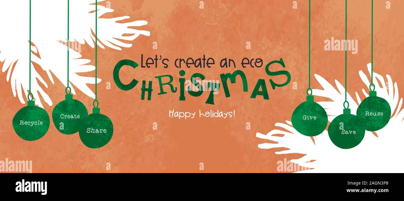 Frohe Weihnachten umweltfreundliche Grußkarte Abbildung: Umweltschutz und Recycling Konzept Christbaumkugel Dekoration in grüner Farbe mit Recyclingpapier braun p Stock Vektor