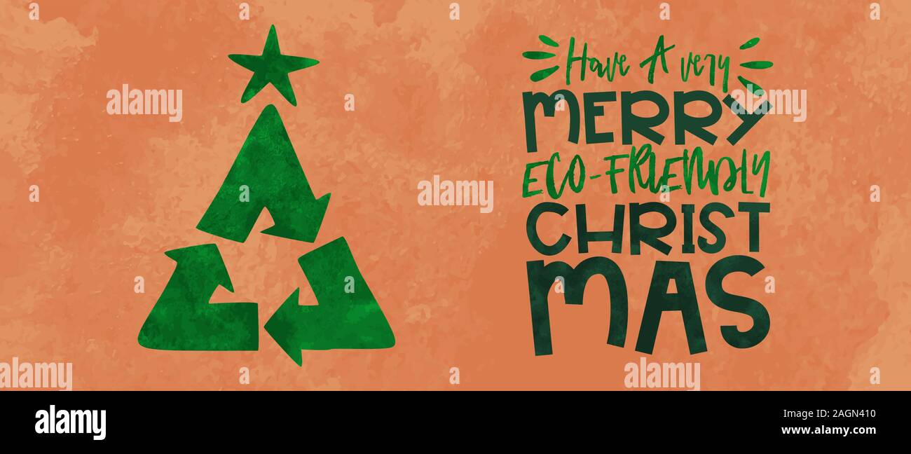 Frohe Weihnachten umweltfreundliche Grußkarte Abbildung: Papierkorb Symbol Weihnachten Tannenbaum in grüner Farbe mit Recyclingpapier braunes Papier Textur Hintergrund. Stock Vektor