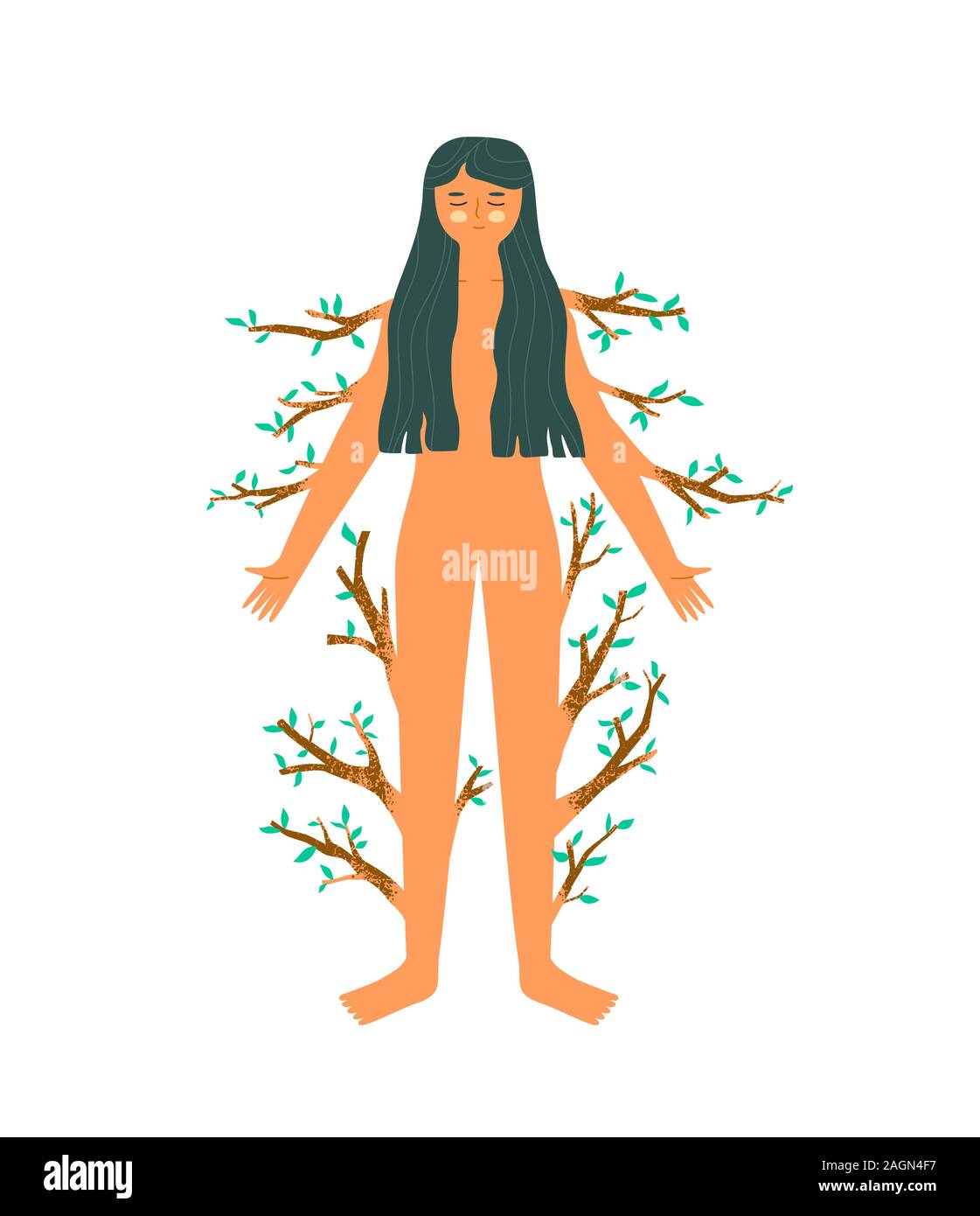 Glückliche Frau mit grünen Zweig der Baumstruktur auf isolierten weißen Hintergrund. Körper, Gesundheit oder umweltfreundliche Natur care Konzept in der Hand gezeichneten Cartoon Stil. Stock Vektor