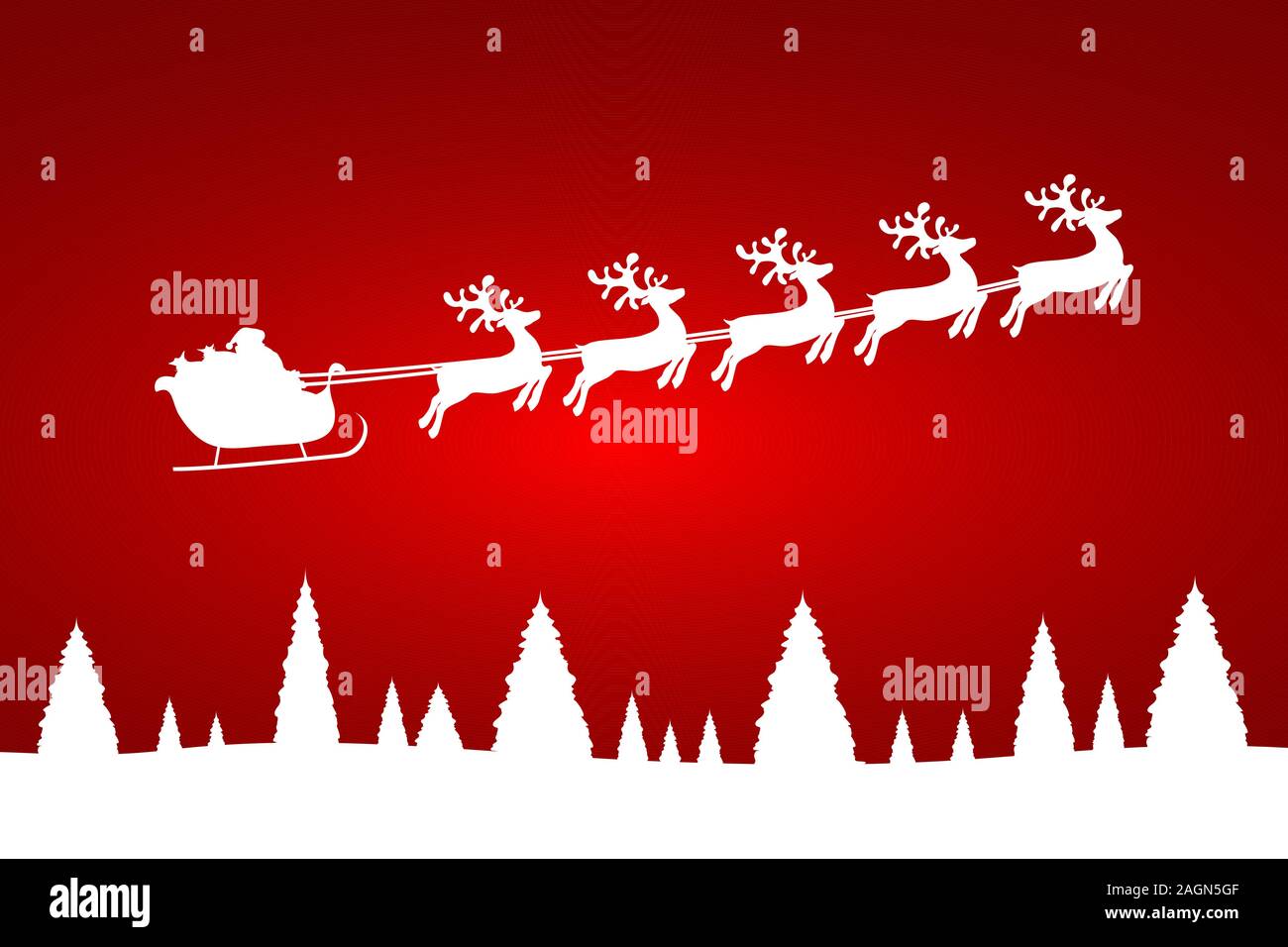 Santa Claus ist Fliegen mit einem Rentier Team im Wald mit Bäumen Stock Vektor