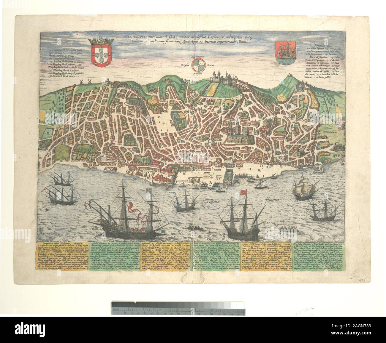 Zitat/Bezug: Stokes C. 1576-1618-B-38 von Georg Braun und Franz Hogenberg, Civitates Orbis Terrarum, Köln, 1576?-4023. Drucken enthält 140 numerierte Referenzen und 1 unnummerierte Verweis in den unteren und oberen Rändern. Siehe auch Deak 52. Zitat/Bezug: Dek011; Olissippo quae nunc Lisboa, ciuitas amplissima Lusitanae.... Stockfoto