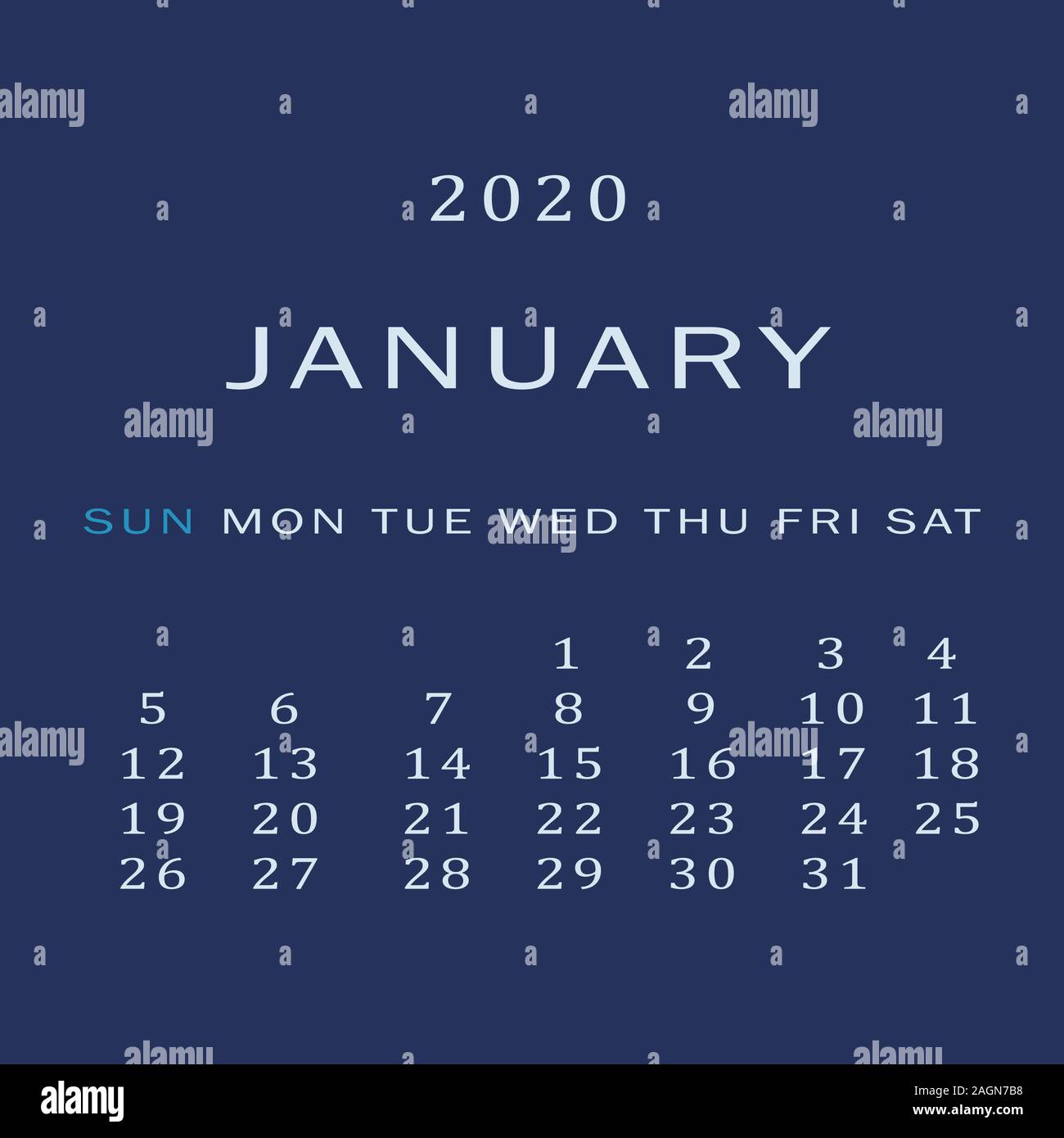 Januar 2020 Kalender. Der erste Monat des neuen Jahres, im Winter. Für den persönlichen Gebrauch und für das Büro. Scheduler. Abbildung auf einem blauen Hintergrund Stock Vektor