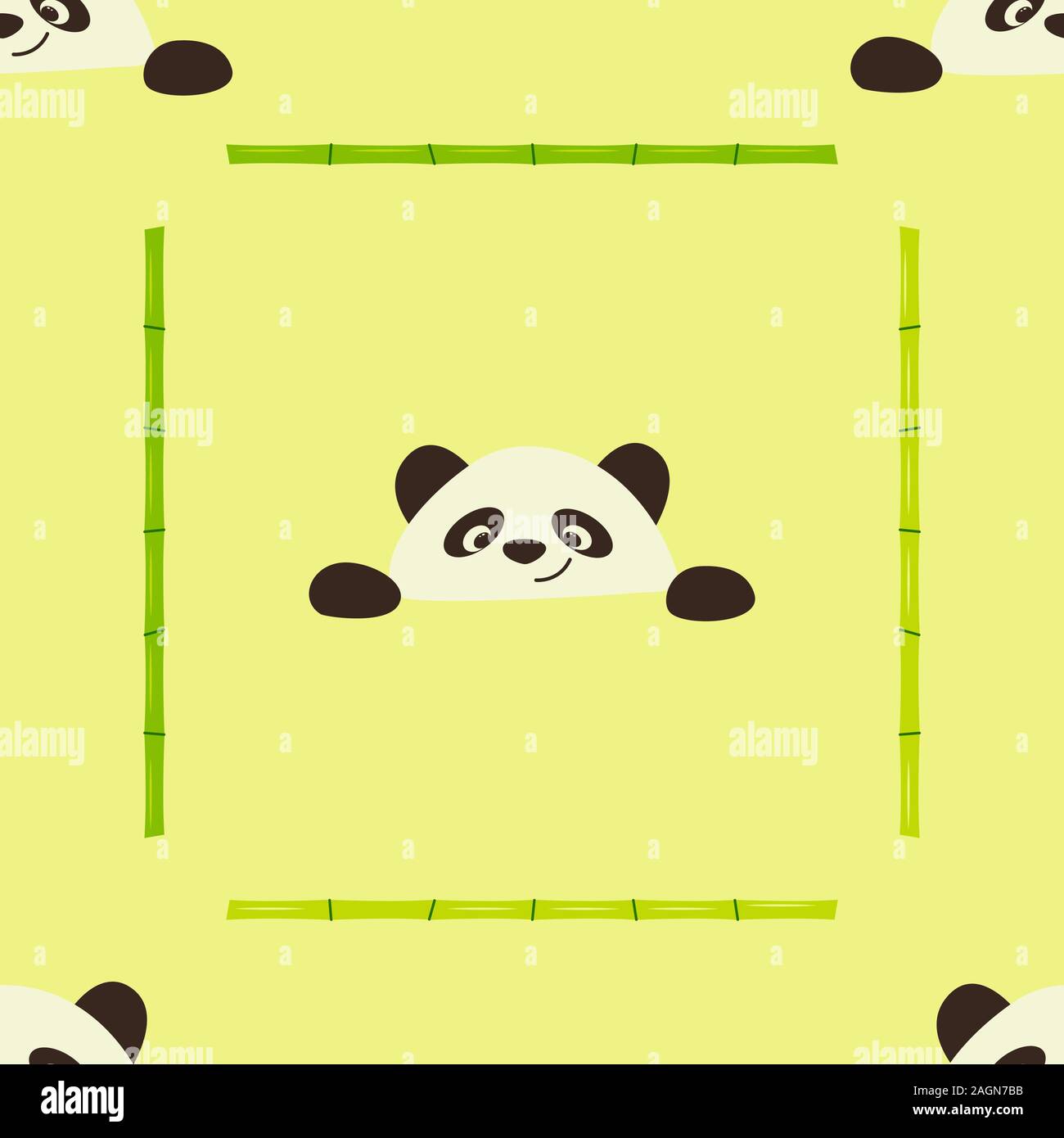 Eine nahtlose Muster mit Bambus Halme und lächelnd panda Gesicht. Tier niedlich. Die Umhüllung und Stoff drucken. Bunte Kulisse Stock Vektor