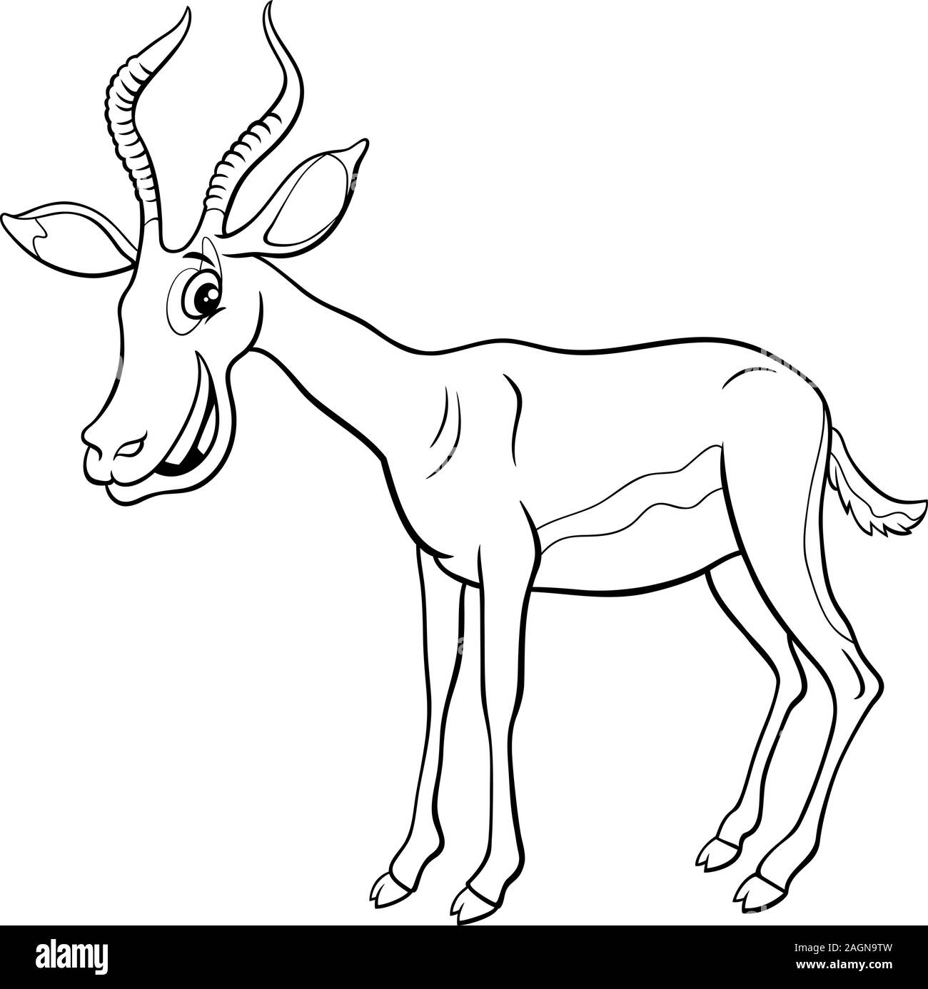 Schwarze und Weiße Cartoon Illustration von Lustig African Impala Wild Animal Comic-figur Malbuch Seite Stock Vektor