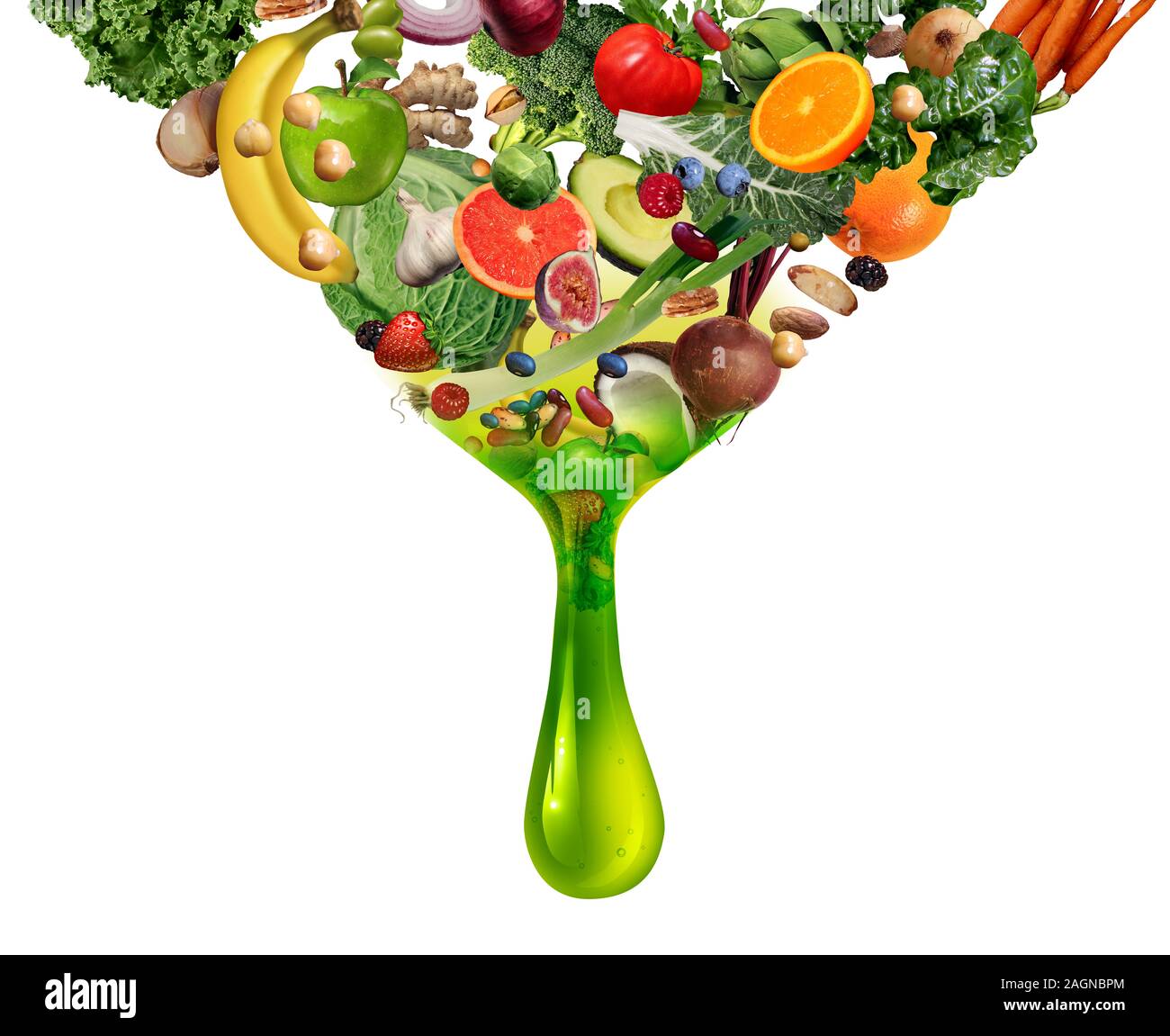 Natürliche Saft Vitamin diätetische detox Drink als Tropfen mit Obst Gemüse Nüsse und Bohnen in einem nahrhaften Getränks als natürliche Medizin Gesundheit. Stockfoto