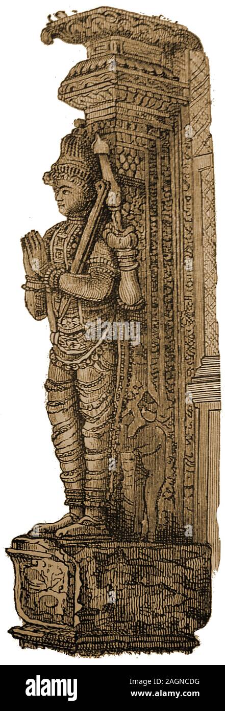 Jahrhundert Bild, Detail aus dem Tempel in Madurai, eine Statue eines betenden Abbildung (evtl. König Viswanatha Nayak, Gründer von Madurai Nayak Dynastie). 1921, Mahatma Gandhi, Führer der indischen Nationalismus in Britisch Indien, der ersten Annahme der lendenschurz als seine Kleid Stockfoto