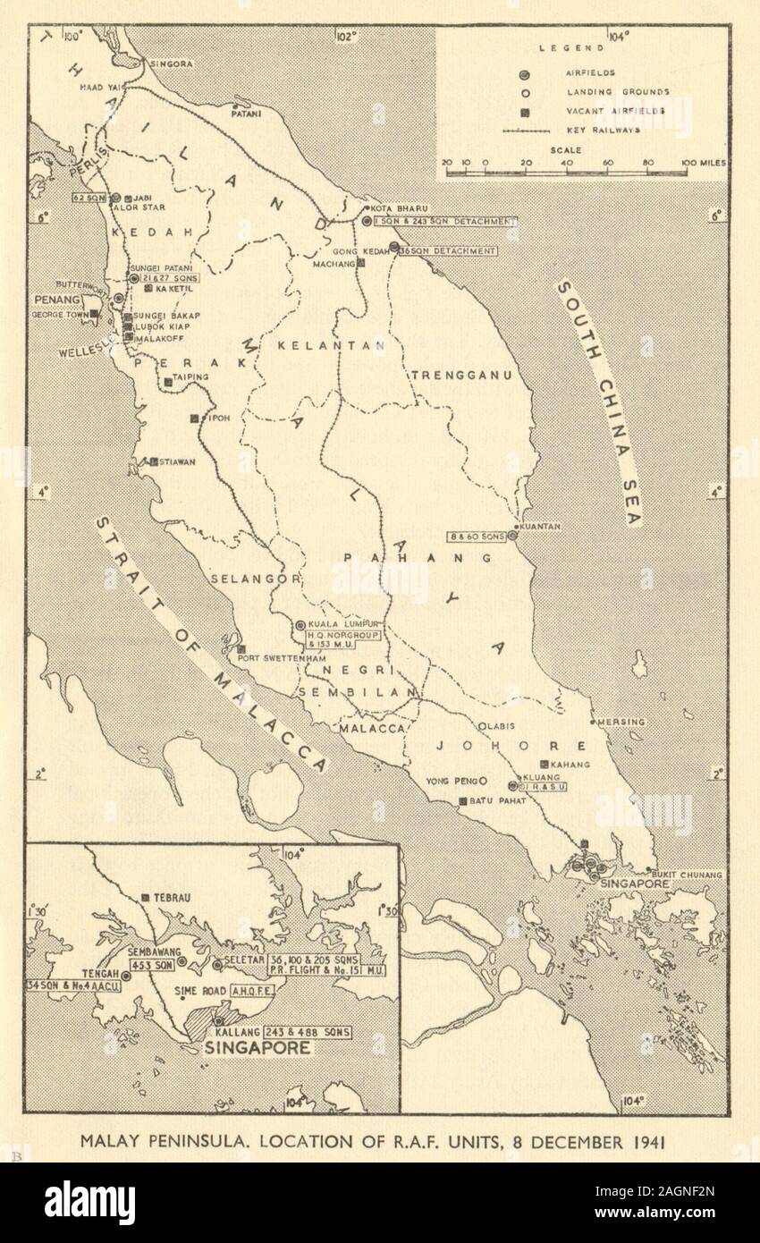 Malaiische Halbinsel RAF-Einheiten 8. Dezember Weltkrieg 1941 2 Singapur 1954 alte Karte Stockfoto