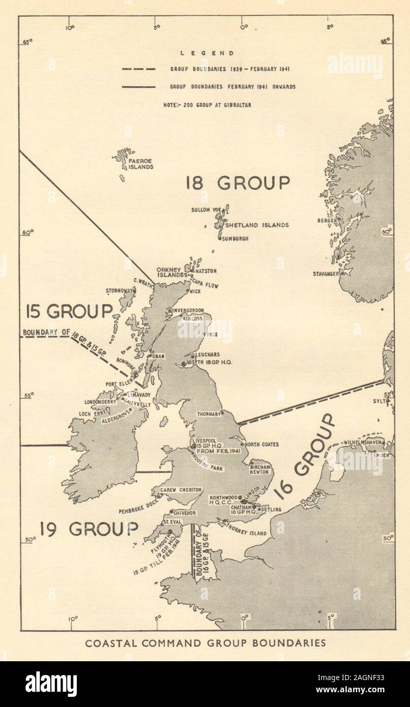 Britische Inseln RAF Coastal Command Gruppe hinweg. Weltkrieg 2 1953 alte Karte Stockfoto