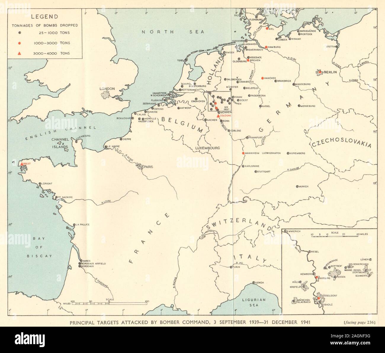 Wichtigsten Raf Bomber Command Ziele 1939 1941 Weltkrieg 2 Deutschland 1953 Alte Karte Stockfotografie Alamy