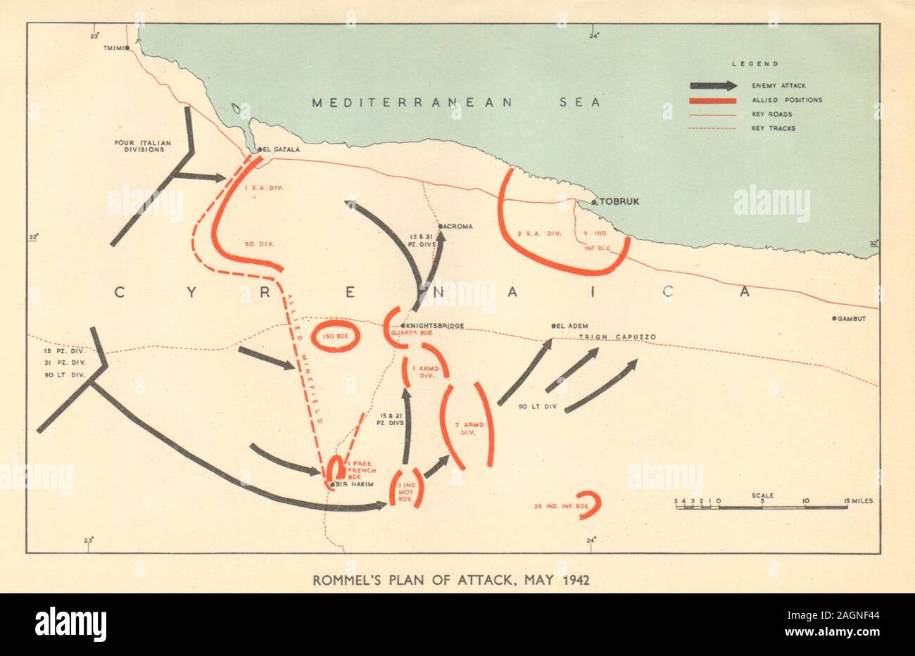 Schlacht von gazala. Nordafrika Kampagne. Rommels Angriff Mai 1942. WW2 1954 Karte Stockfoto