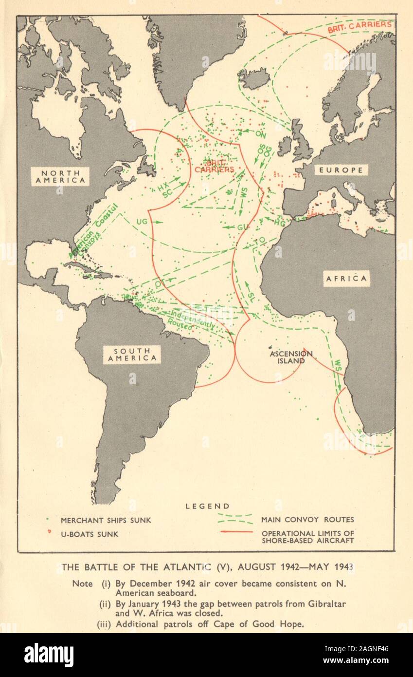 Kampf um den Atlantik August 1942 - Mai 1943. Weltkrieg 2. RAF. Konvois 1954 Karte Stockfoto