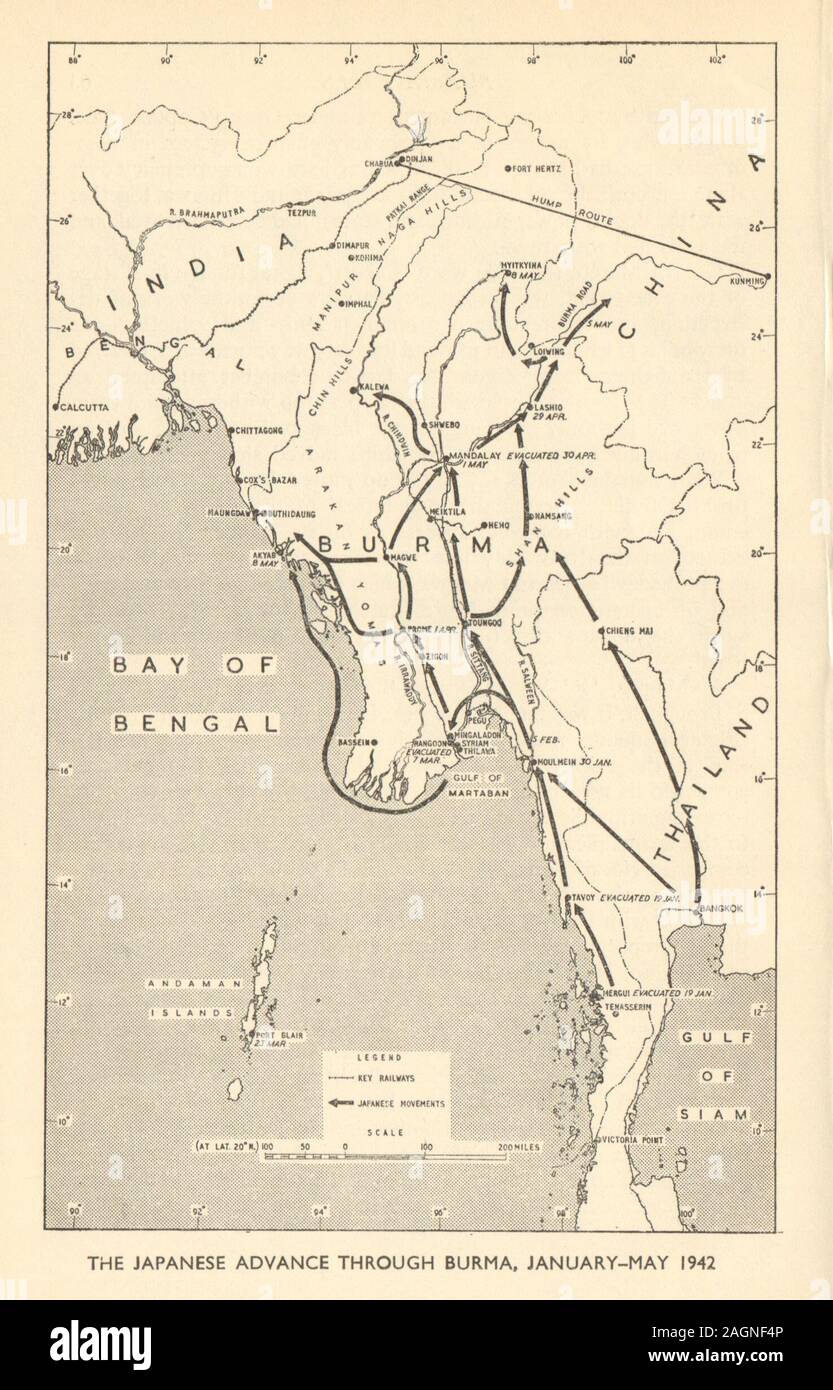 Japanische voraus durch Burma Januar-mai 1942. Weltkrieg 2 1954 alte Karte Stockfoto