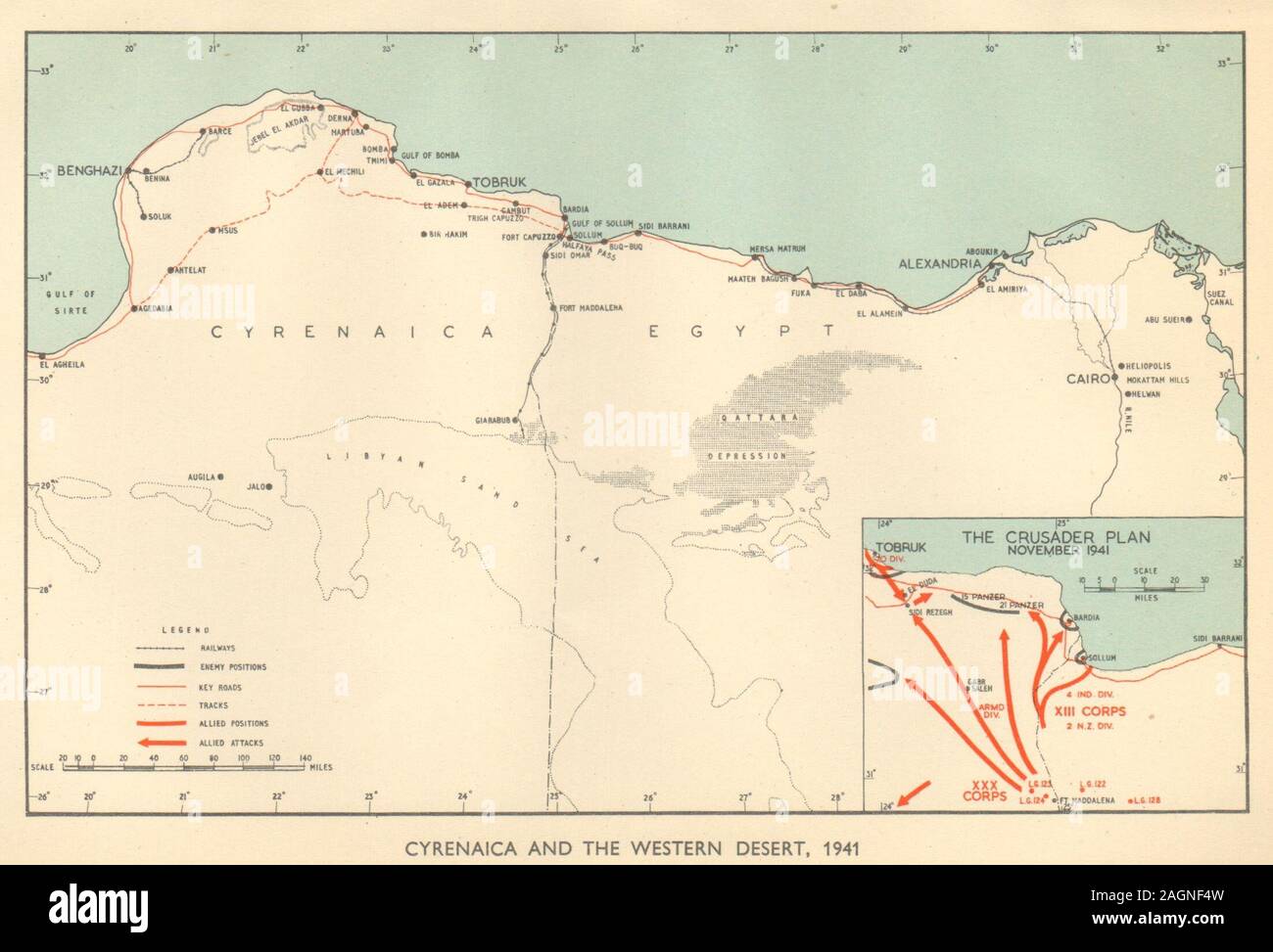 Nordafrika Kampagne 1941. Crusader. Die Westliche Wüste. Weltkrieg 2 Libyen 1954 Karte Stockfoto