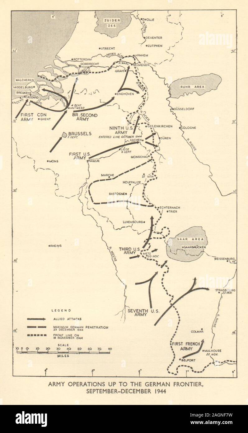 Armee zur deutschen Grenze von September bis Dezember 1944. Weltkrieg 2 1954 Karte Stockfoto