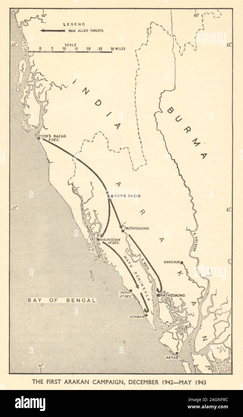 1 Arakan Kampagne, Dezember 1942 - Mai 1943. Weltkrieg 2. Birma Myanmar 1954 Karte Stockfoto