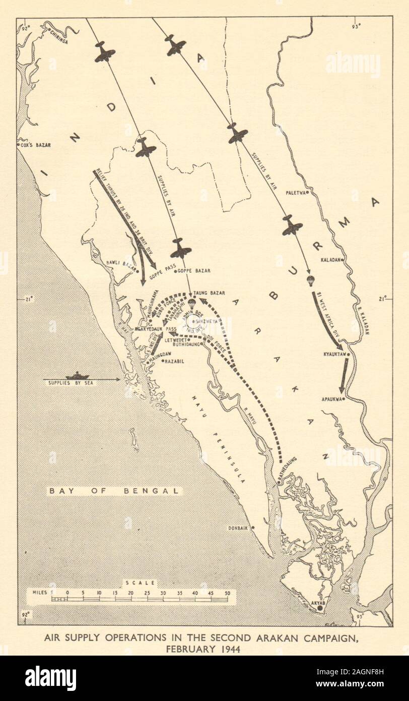 RAF Air Supply Operations 2 Arakan Kampagne Feb 1944. WW 2. Birma 1954 Karte Stockfoto