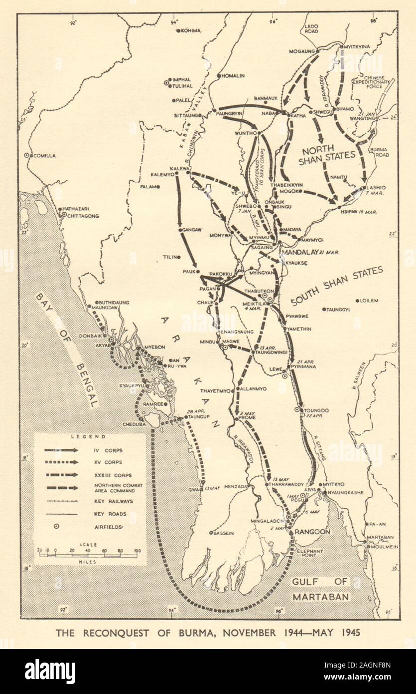 Rückeroberung von Birma November 1944 - Mai 1945. Weltkrieg 2. Myanmar 1954 alte Karte Stockfoto