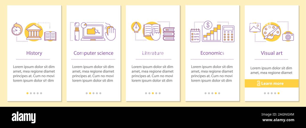 Schule Themen Onboarding mobile App Seite Bildschirm mit Konzepten. Geschichte, Informatik, Literatur, Wirtschaft, Kunst Schritte Grafik instructio Stock Vektor