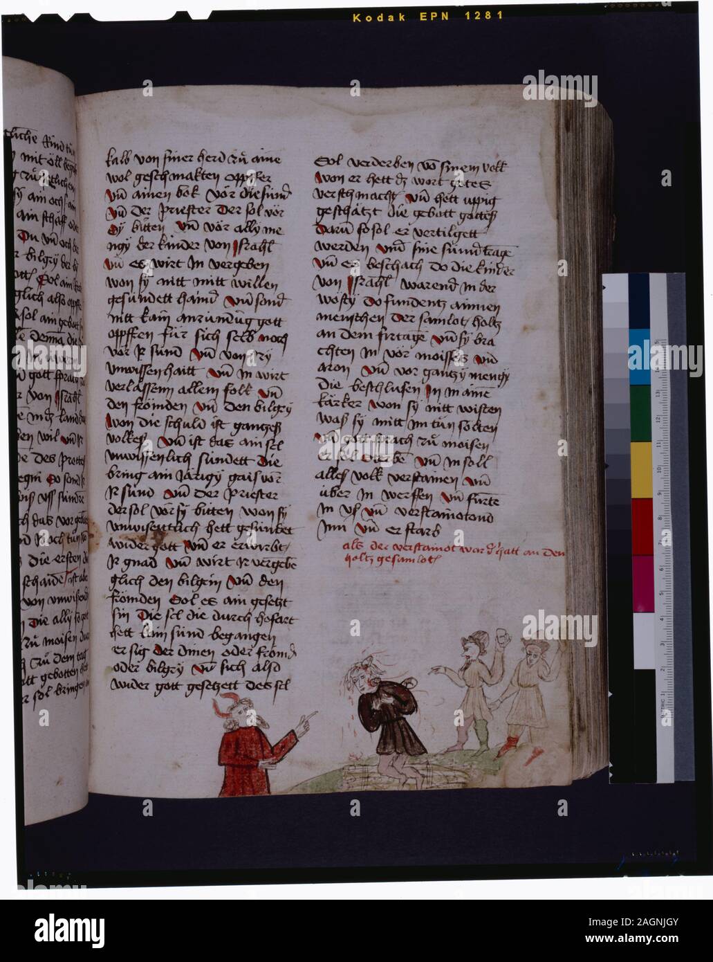 In de Ricci, Seymour, Volkszählung Handschriften des Mittelalters und der Renaissance in den Vereinigten Staaten und Kanada aufgeführt. New York. New York: H.W. Wilson, 1935; und Ergänzen, New York, N.Y.: Bibliographische Gesellschaft von Amerika, 1962. Ownership: Quaritch, 1874. Lenox Kollektion. Über 180 farbige Zeichnungen zeigen Szenen des Alten Testaments. Bei der Eröffnung der Haupttext, Holzschnitt-initiale zeigen die Verkündigung. Nach einem Hinweis in den Unterlagen, einer der Abbildungen ist datiert 1445. Die Notiz zeigt nicht an, welche Folio dieses Datum auf. Farbige Blumen in bestimmten Grenzen. Rote Initialen, rote und blaue puzzle Initialen. Stockfoto