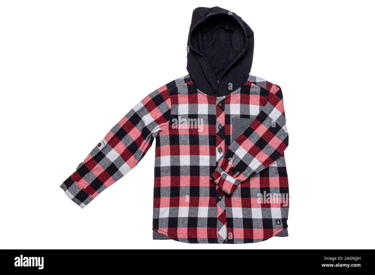 Hoodie isoliert. Nahaufnahme einer trendy Red checkered Hoodie T-shirt mit langen Ärmeln für Junge auf einem weißen Hintergrund. Kinder, Frühling, Herbst ein Stockfoto