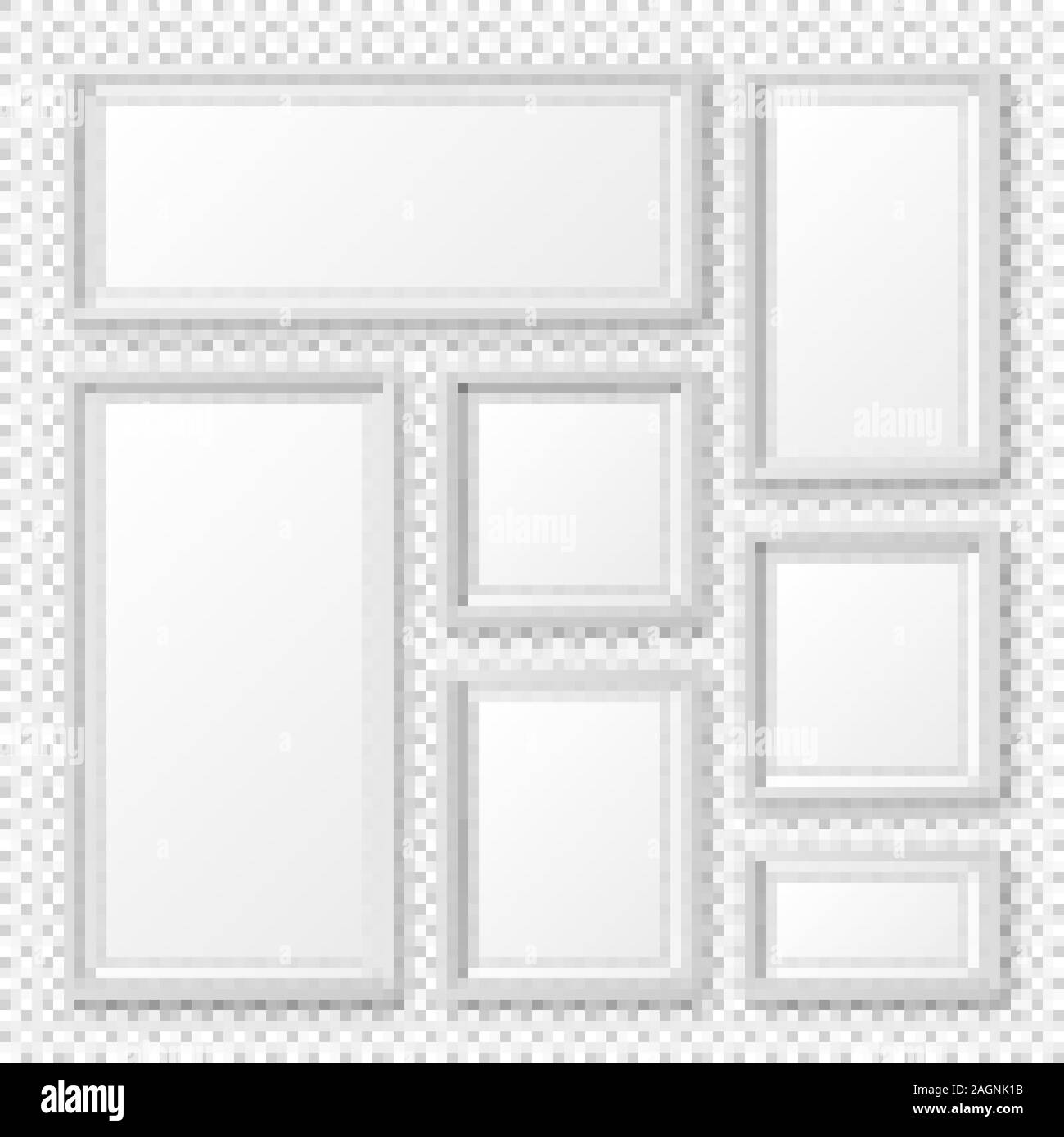 Realistische leeren weißen Bilderrahmen mit Schatten Sammlung auf transparentem Hintergrund isoliert. Moderne Poster mockup. Leeren Bilderrahmen für Kunst Galerie Stock Vektor
