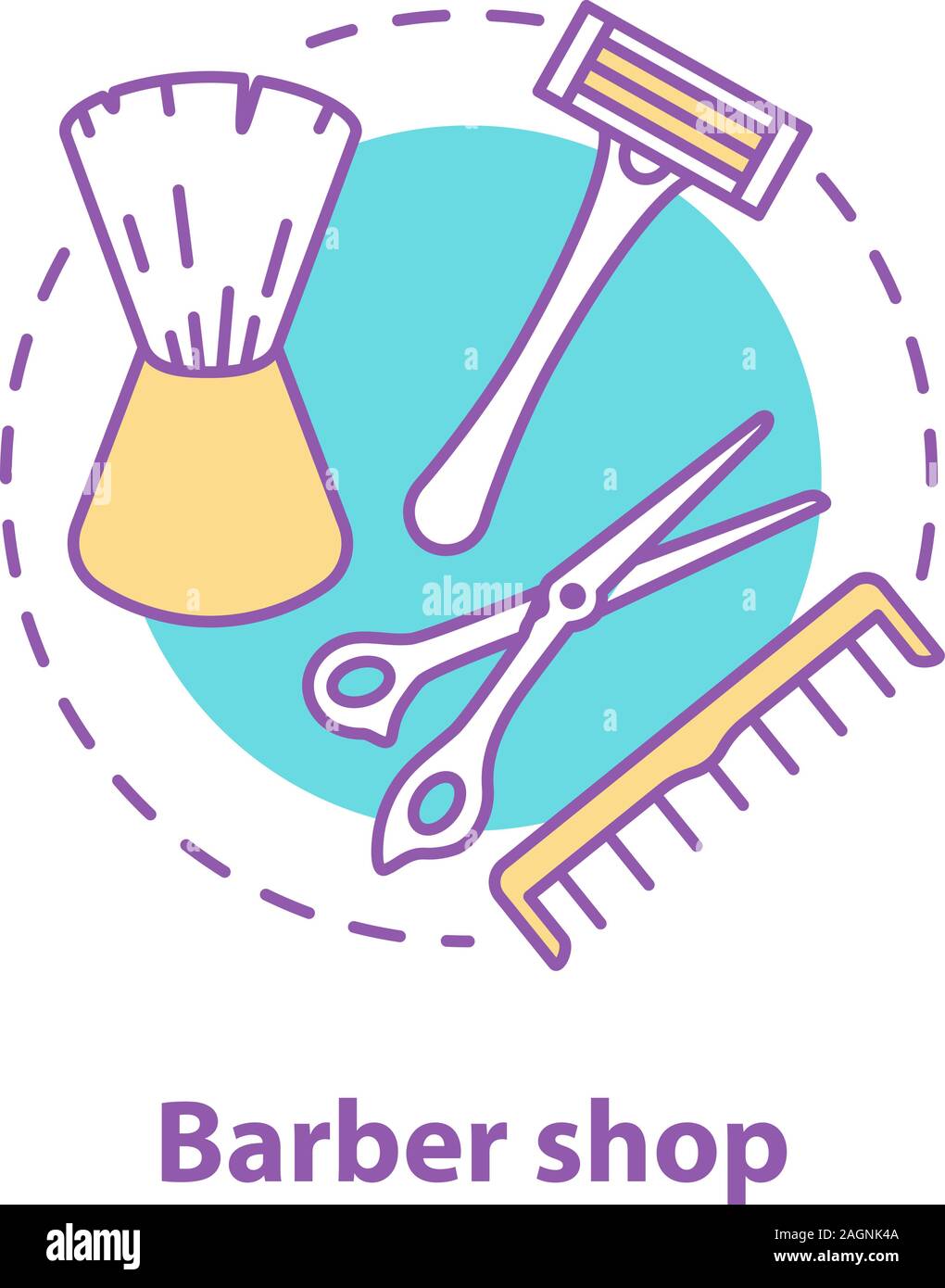 Barbershop Konzept Symbol. Männer pflege Idee dünne Linie Abbildung. Männer Bart Stil. Rasierer, Kamm, Rasierpinsel, Scheren. Vektor isoliert Kontur zeichnen Stock Vektor