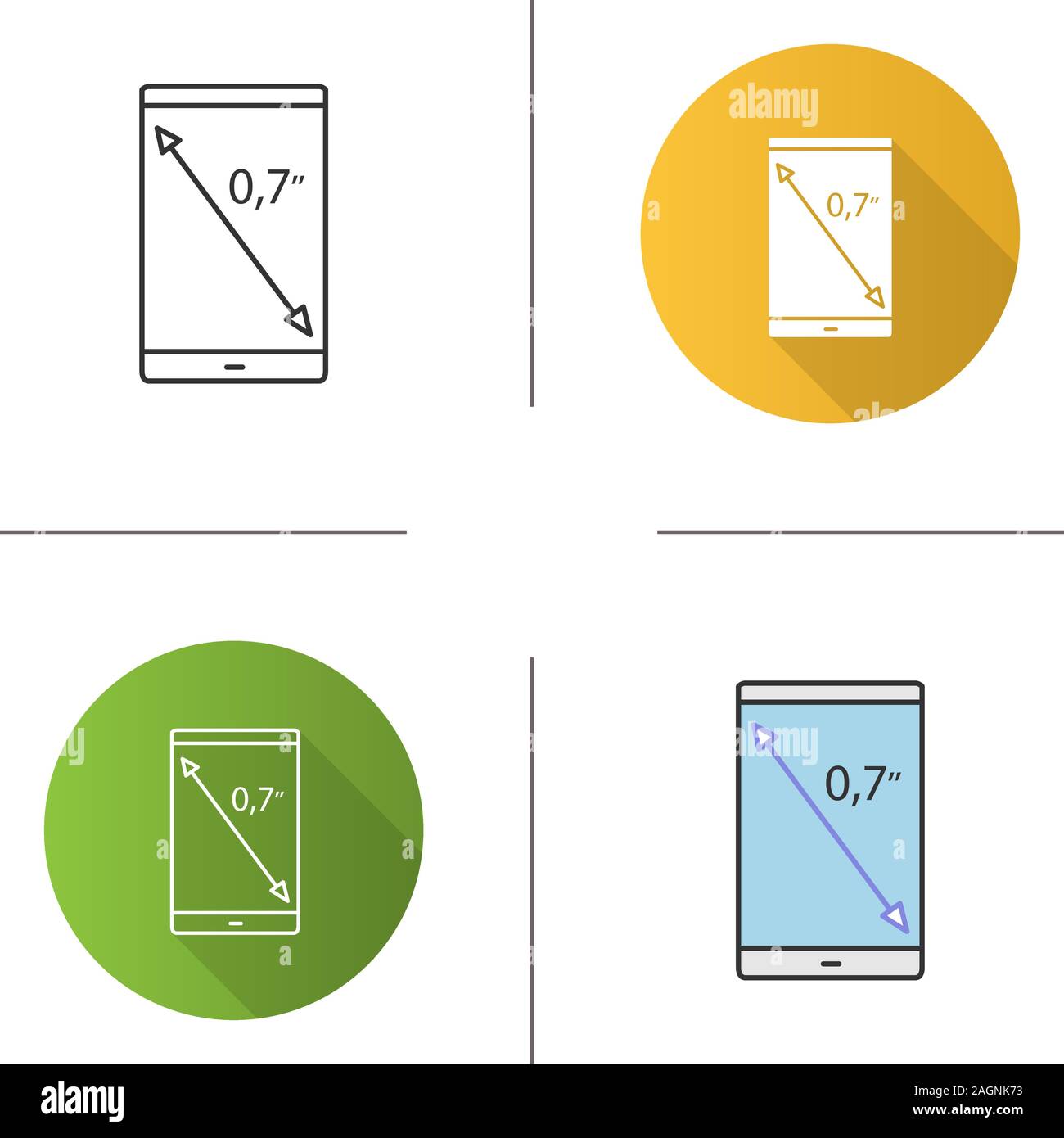 Smartphone-Bildschirm das Symbol für die Größe. Display diagonale Zoll  Größe. Flache Bauweise, lineare und Farbe Stile. Isolierte Vektorgrafiken  Stock-Vektorgrafik - Alamy