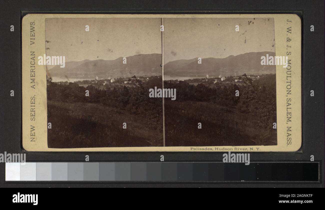 Palisaden, Hudson River, NY beinhaltet Ansichten von E.&HT Anthony, G.G. Rockwood, H.S. Wyer und andere Fotografen und Verlage. Outdoor Porträts. Robert Dennis Sammlung von stereoskopische Ansichten. Blick auf die Palisaden in dem westlichen Ufer des Hudson River in New York und New Jersey, mit Blick auf die Felsen, Fluss und Verkehr, Touristen, eine Fernsicht von Yonkers aus der Palisaden und Picknicken am Ft. Lee.; Palisades, Hudson River, New York, präsent. Stockfoto