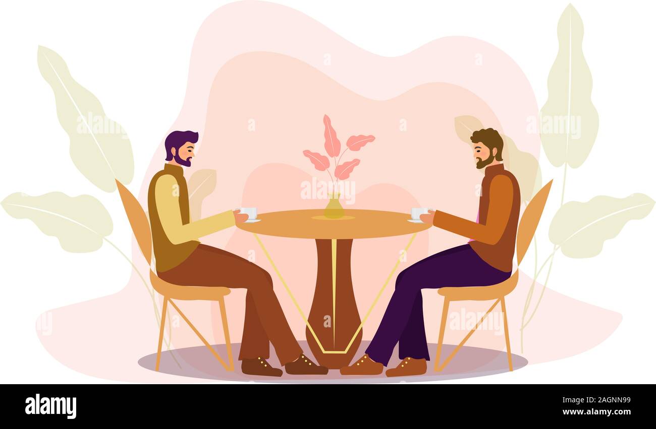 Jungs sitzen an einem Tisch in einem Cafe Kaffee zu trinken. Restaurant Männer, Geschäftsleute, geschäftliche Verhandlungen. Flache moderne Abbildung. Vektor Stock Vektor