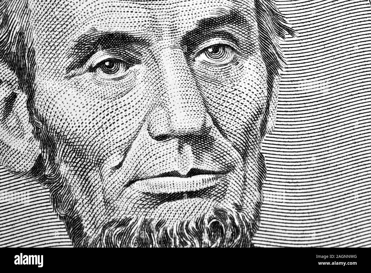 Nahaufnahme von Abraham Lincoln am 5 Dollar Bill Stockfoto