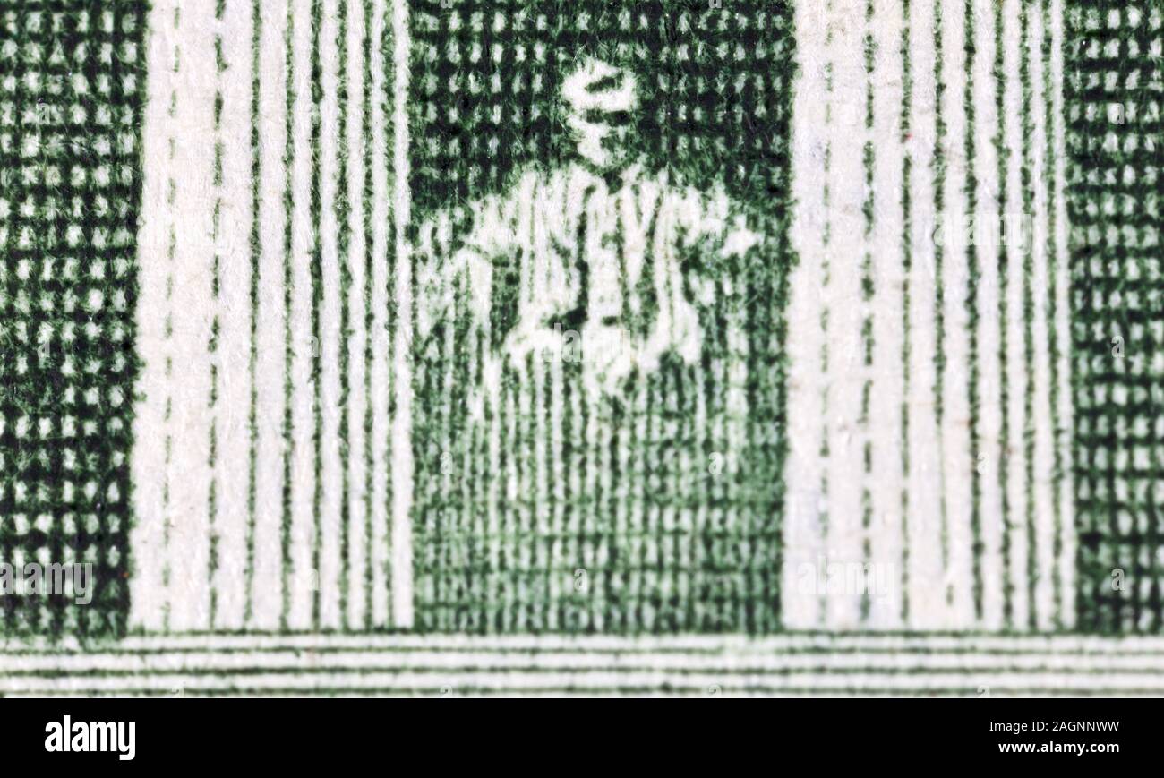 Detailansicht des Lincoln Memorial auf dem Rücken der fünf Dollar Bill Stockfoto