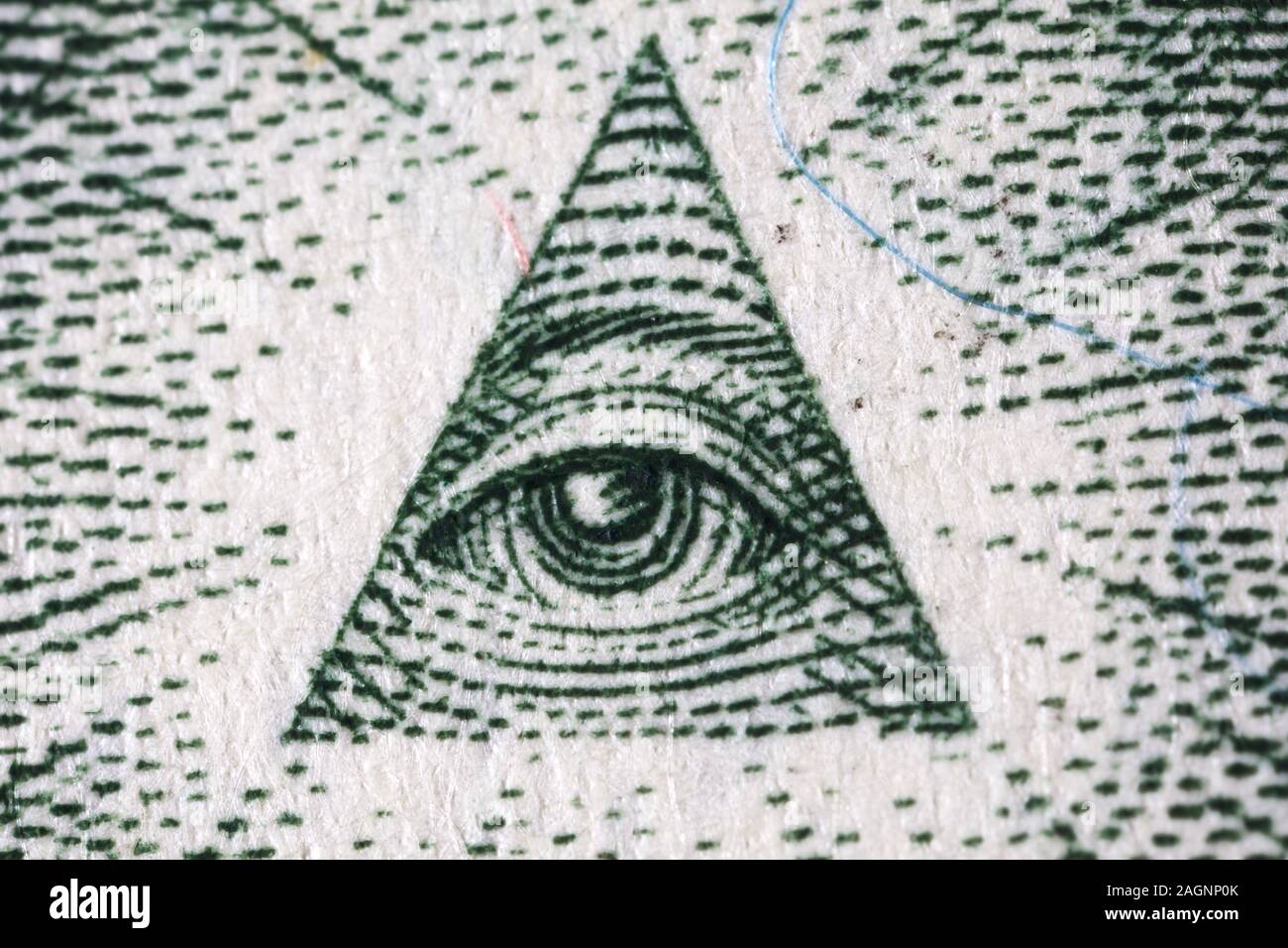 Makroaufnahme der "All seeing Eye" auf der Rückseite der Vereinigten Staaten einen Dollar Bill Stockfoto