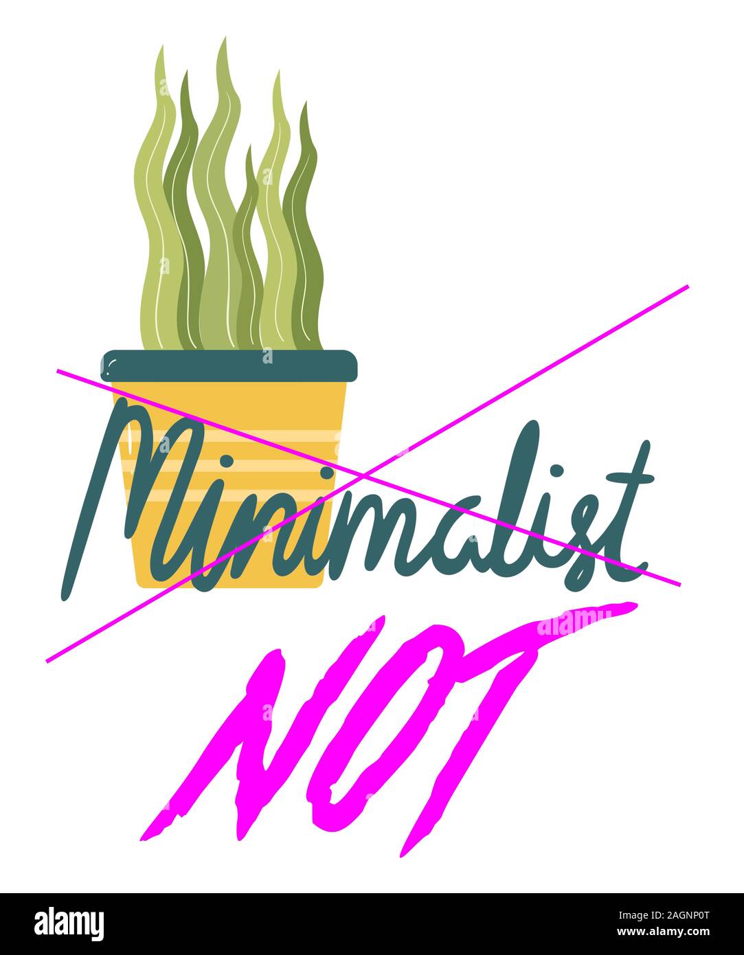 Minimalistische nicht Grafik auf weißem Hintergrund. Eine Topfpflanze und Script Wort des minimalistischen mit es in Hot Pink gekreuzt, und das Wort nicht in b Stockfoto
