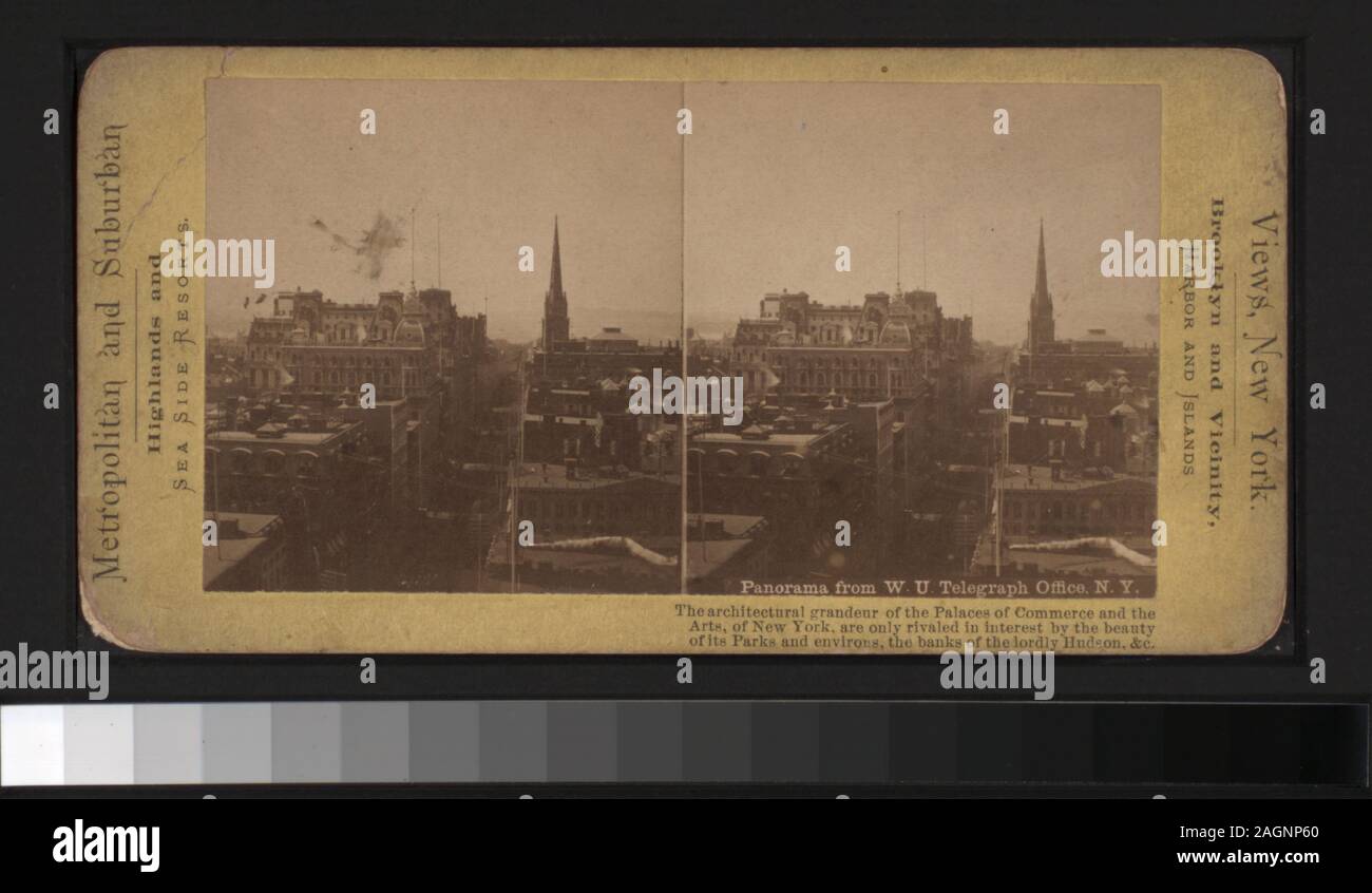 Panorama von WU Telegrafenamt, NY allgemeine Aussicht auf Manhattan, New York City: Lower Manhattan von der Post, die Tribüne, von der Brooklyn Bridge Tower, Western Union Building, der Schuß Tower, den Austausch zu produzieren und an anderen Orten, und ein Blick auf den Central Park und die angrenzenden Nachbarschaften von einem Flugzeug und einer Blickrichtung Nordost vom Flatiron Building entfernt. Blick von Anthony, Campbell, Kilburn Brüder und andere Fotografen und Verlage. Robert Dennis Sammlung von stereoskopische Ansichten. Einige Ansichten haben steuerstempel angebracht. Titel von CATALOGER.; Stockfoto