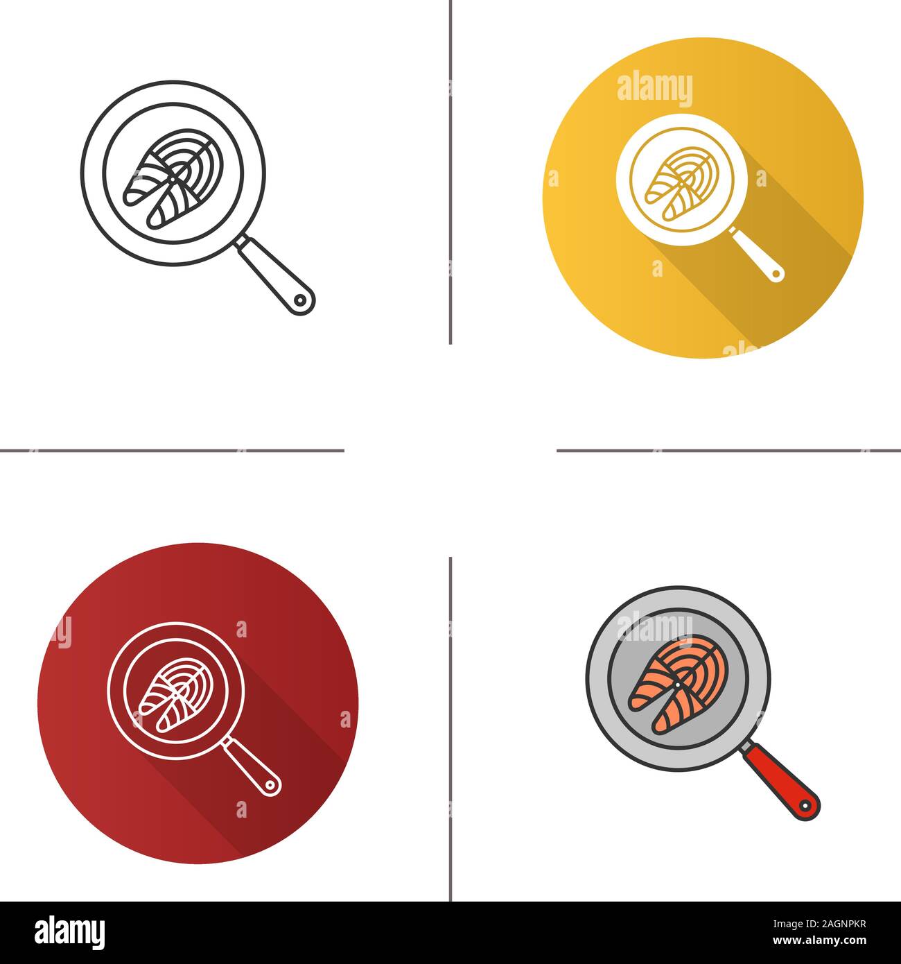 Fisch steak braten auf Küche Symbol schwenken. Flache Bauweise, lineare und Farbe Stile. Isolierte Vektorgrafiken Stock Vektor
