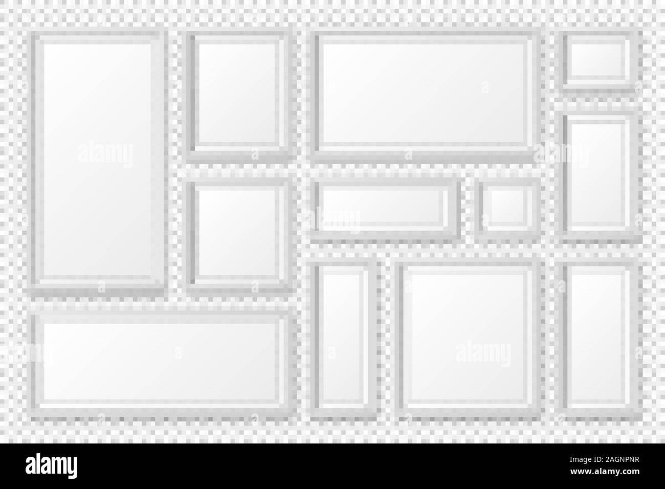 Realistische leeren weißen Bilderrahmen mit Schatten Sammlung auf transparentem Hintergrund isoliert. Moderne Poster mockup. Leeren Bilderrahmen für Kunst Galerie Stock Vektor