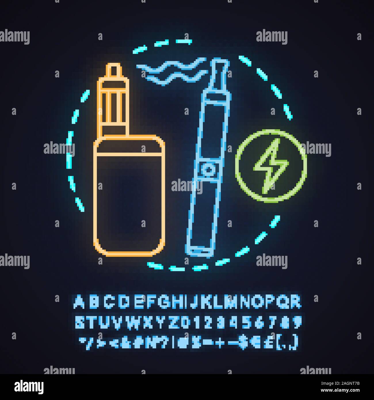 E-Zigaretten Neon Licht Konzept Symbol. Alternative rauchen Idee. Vape pen und Box mod. Leuchtende Zeichen mit Alphabet, Zahlen und Symbolen. Vektor isoliert Stock Vektor