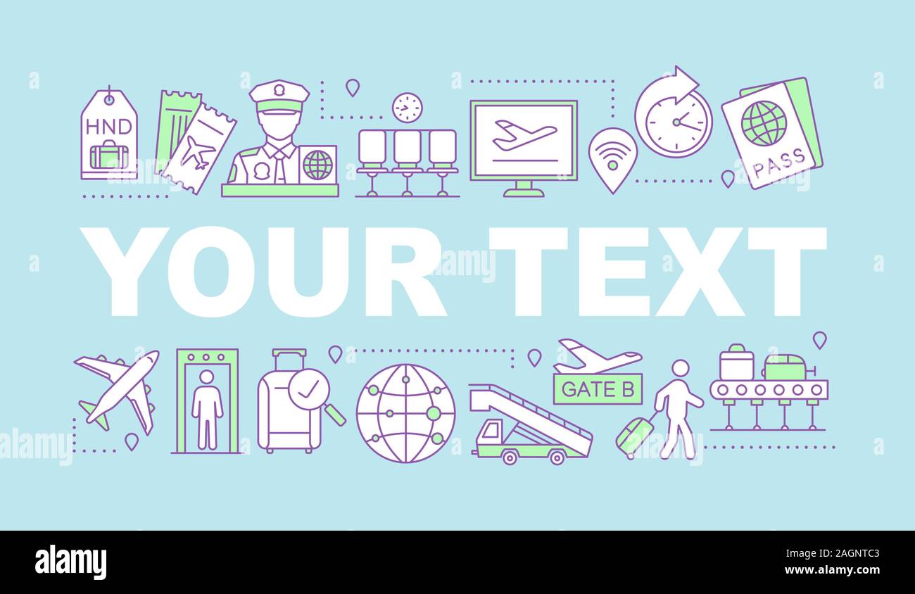 Airport Service Wort Konzepte Banner. Passkontrolle, Gepäck, Tickets, Flüge, Management. Isolierte schrift Typografie Idee mit linearen ico Stock Vektor