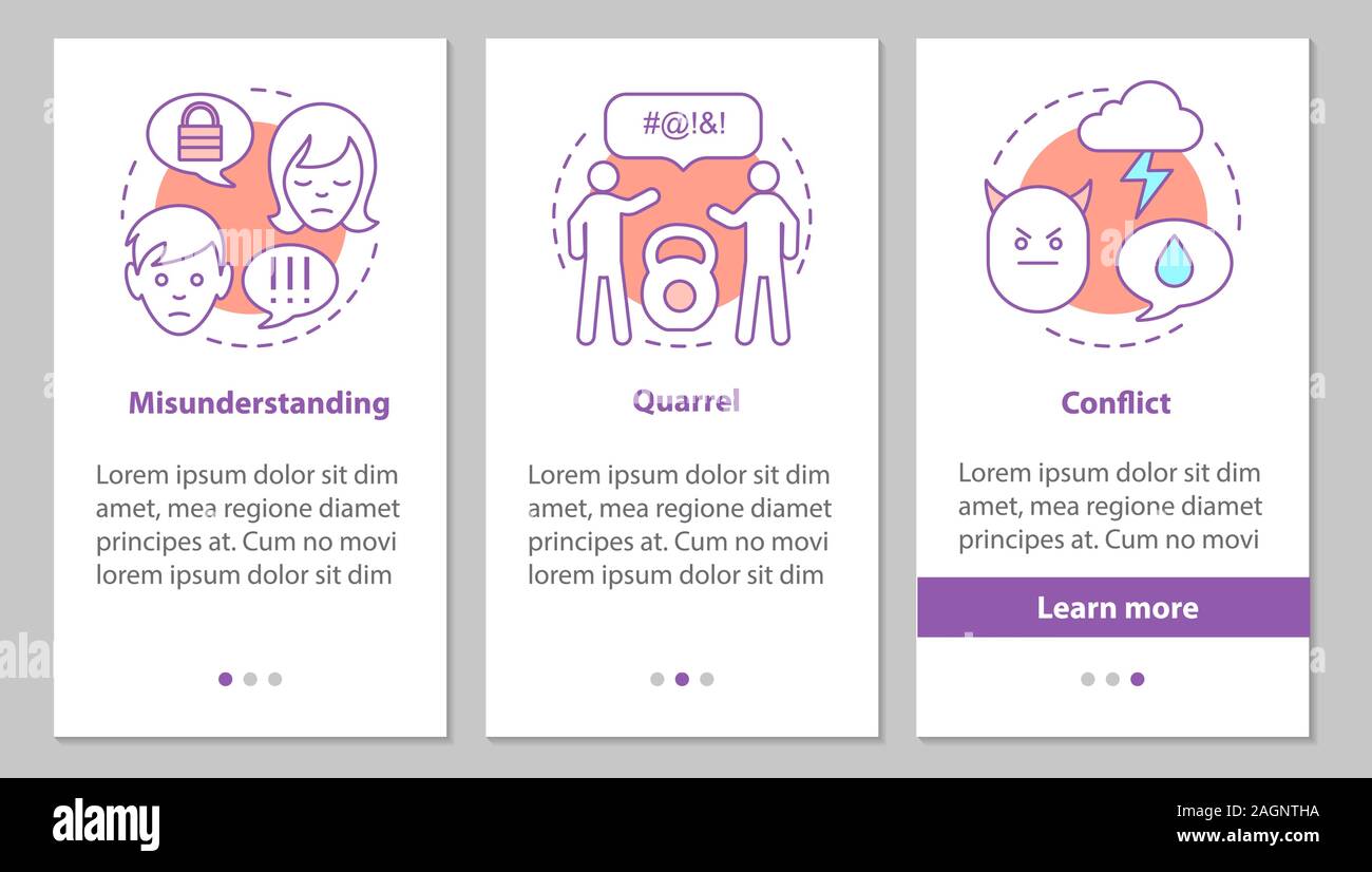 Schwierige Beziehungen Onboarding mobile App Seite Bildschirm mit linearen Konzepten. Missverständnisse, Streit, Konflikt Schritte grafische Anweisungen. UX, UI Stock Vektor