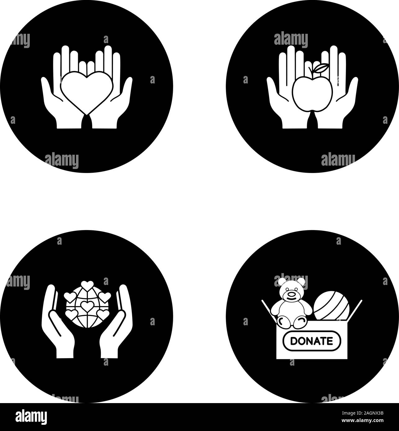 Liebe Glyphe Symbole gesetzt. Essen und Spielzeug Spende, internationale Nächstenliebe, Hände, Herzen halten. Vektor weisse Silhouetten Abbildungen in schwarzen Kreisen Stock Vektor