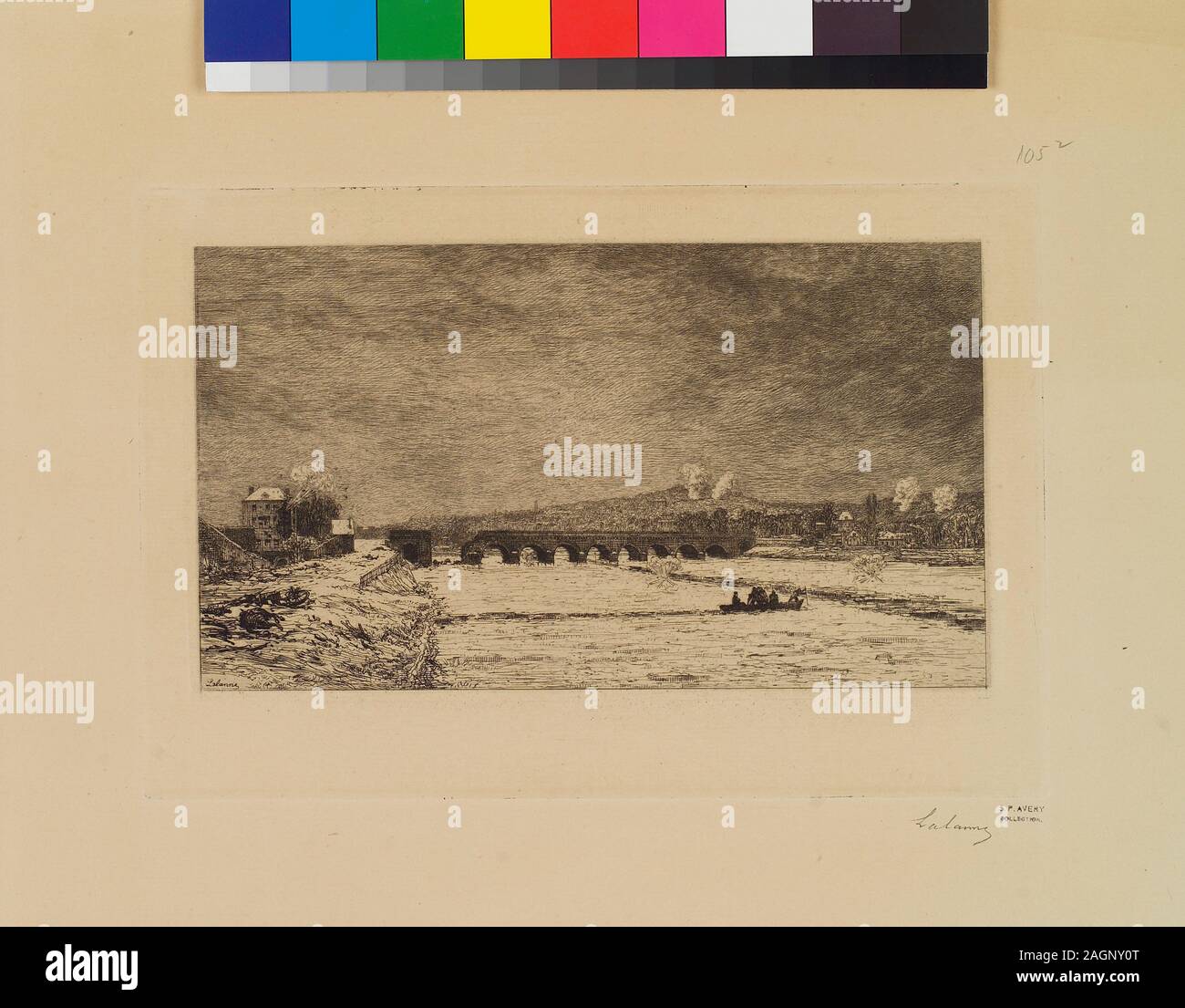 Zitieren als: S.P. Avery Sammlung. Einige drucke Signatur des Künstlers und Notationen in Graphit oder schwarze Tinte; einige Schreibweisen geben Auskunft über Zustände und/oder Auflage. Radierungen sind laut Manuskript Katalog Lalanne's im Print Collection, der New York Public Library nummeriert. Indizes: Findmittel zur Verfügung. Verknüpfung: Teil der Diverses Kunstdrucke von Maxime Lalanne in Samuel Putnam Avery Sammlung.; Passage de la Seine par le Genl. Pendant la Guerre de 1870 (2. Zustand lesen). Stockfoto