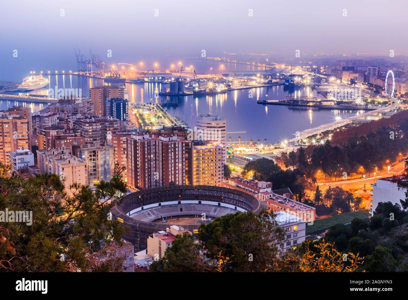 Nachtaufnahme von Málaga an der spanischen Mittelmeerküste. Blick auf die Stadt an der Costa del Sol mit beleuchtetem Hafen, Bäumen, Straßenlampen und Riesenrad Stockfoto