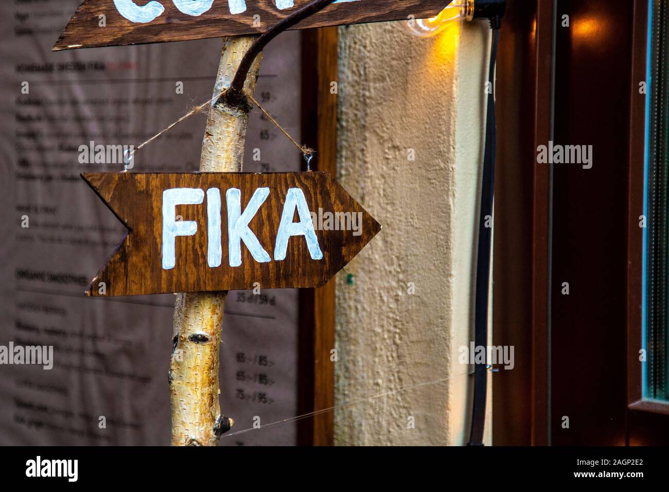 Ein Zeichen für die "FIKA" in einem Café in Stockholm, Schweden Stockfoto