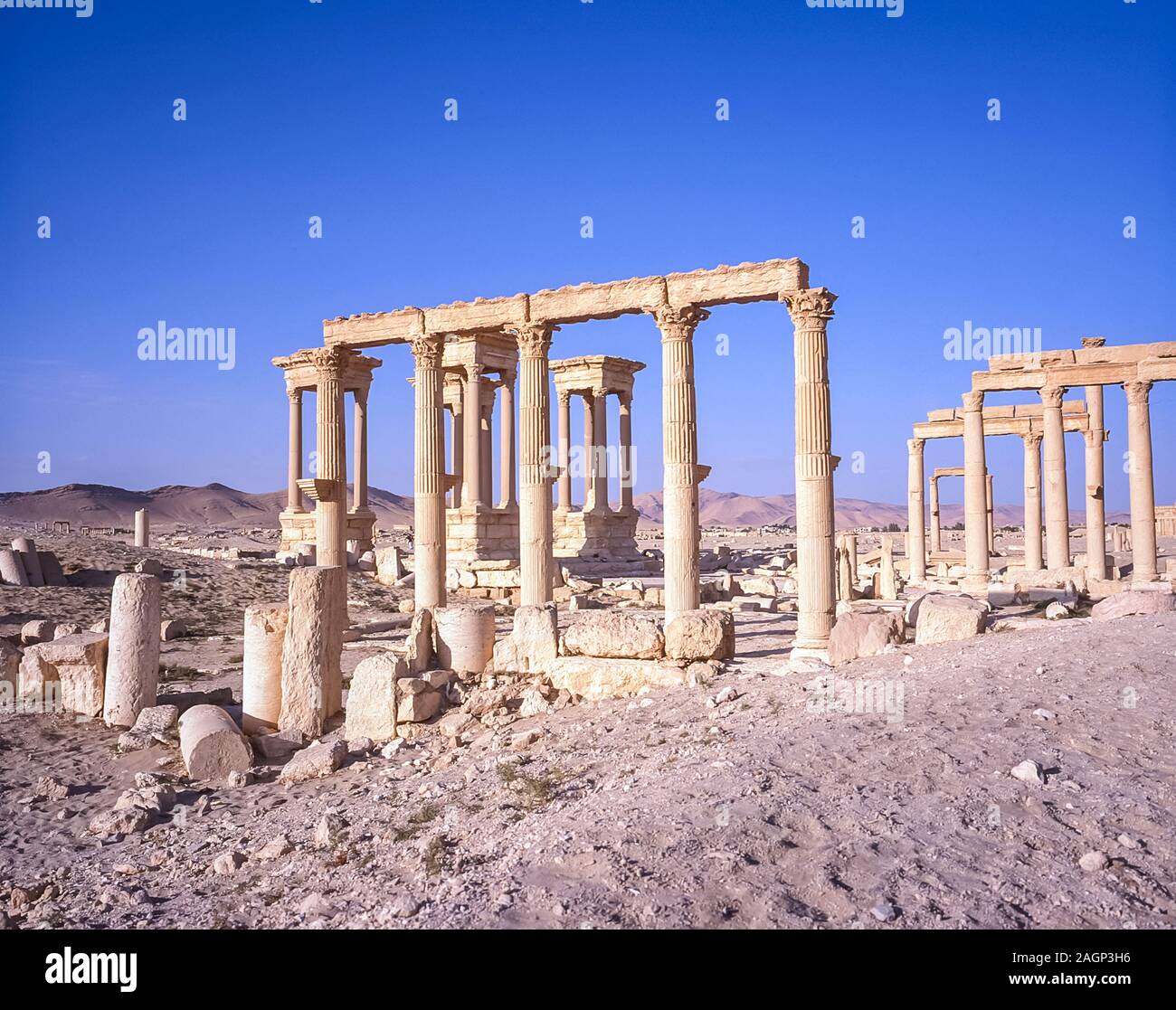Syrien. Die Ruinen der römischen Stadt Palmyra, die um 200 bis 250 n. Chr. erbaut wurden, projizierten große Ausmaße und Wohlstand der alten Welt unter römischer Herrschaft. Die Stadt wurde von der großen Festung der Königin Zenobia übersehen, die den mentalen Zustand ständig von der Autorität des allmächtigen Roms in Frage gestellt hatte, was zur Entstehung des Wortes Zenophobie und Zenophobie führte Stockfoto