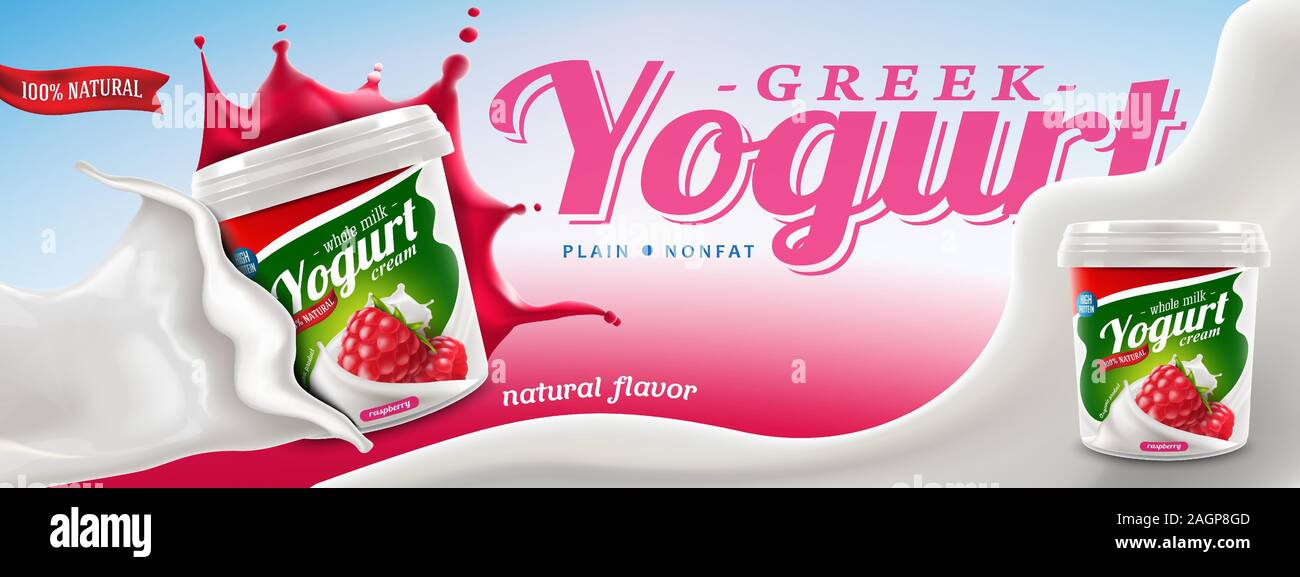 Griechischer Joghurt ads mit natürlichem Himbeeraroma in Milch Swirl kommerzielle Vektor realistische Abbildung Stock Vektor