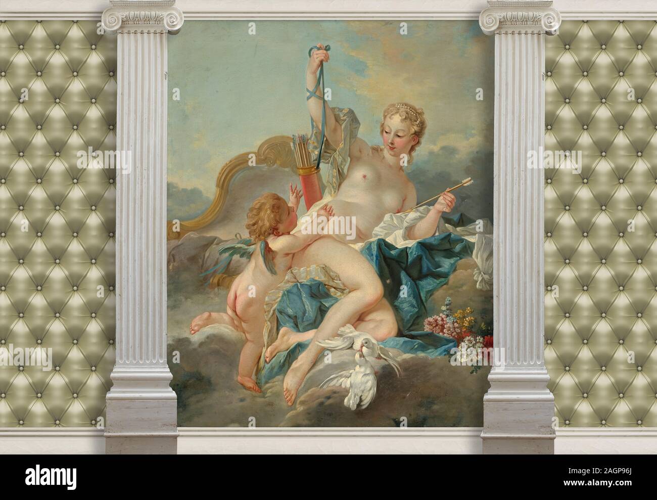 3D-Hintergrund, Spalten und die Wirkung von gestepptem Leder, Malerei François Boucher (Studio, 1703-1770) Venus Entwaffnung Amors Stockfoto